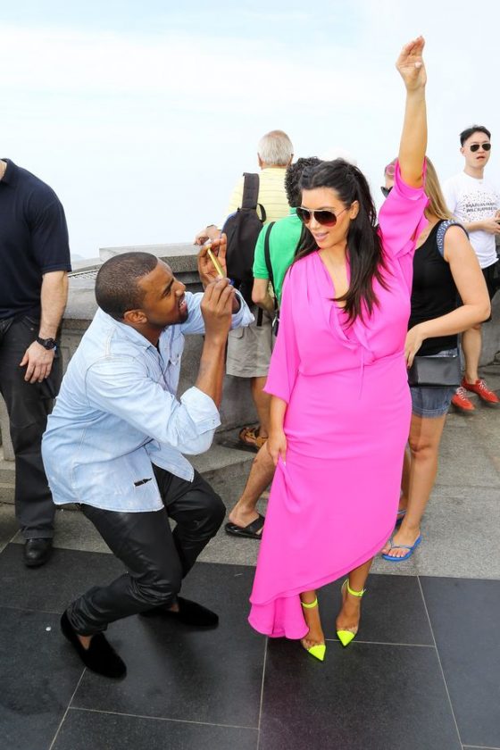 Kim Kardashian and Kanye West enjoy the view from the top of the Corcovado Mountain in Rio de Janeiro