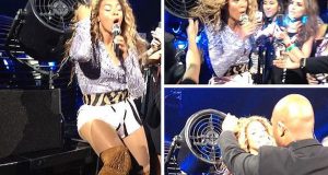 Beyonce's hair caught in fan during live performance