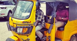 John Dumelo spotted in keke maruwa in Lagos