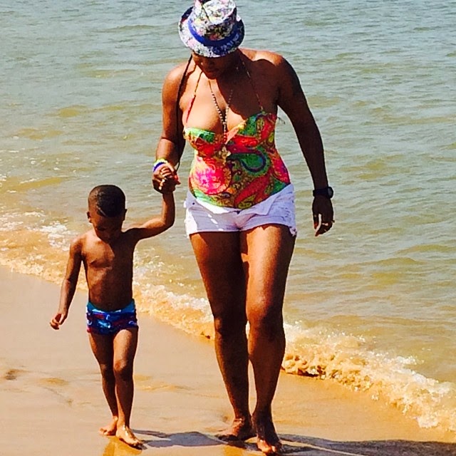 Angela Okorie at the beach with her son
