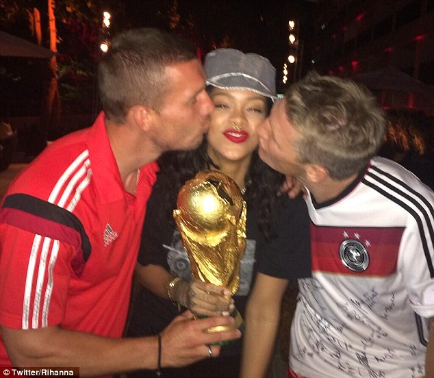 Rihanna with Lucas Podolski and Bastian Schweinsteiger