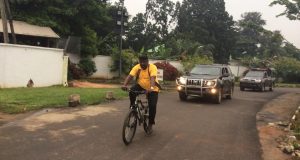 Rochas Okorocha spotted riding a bicycle