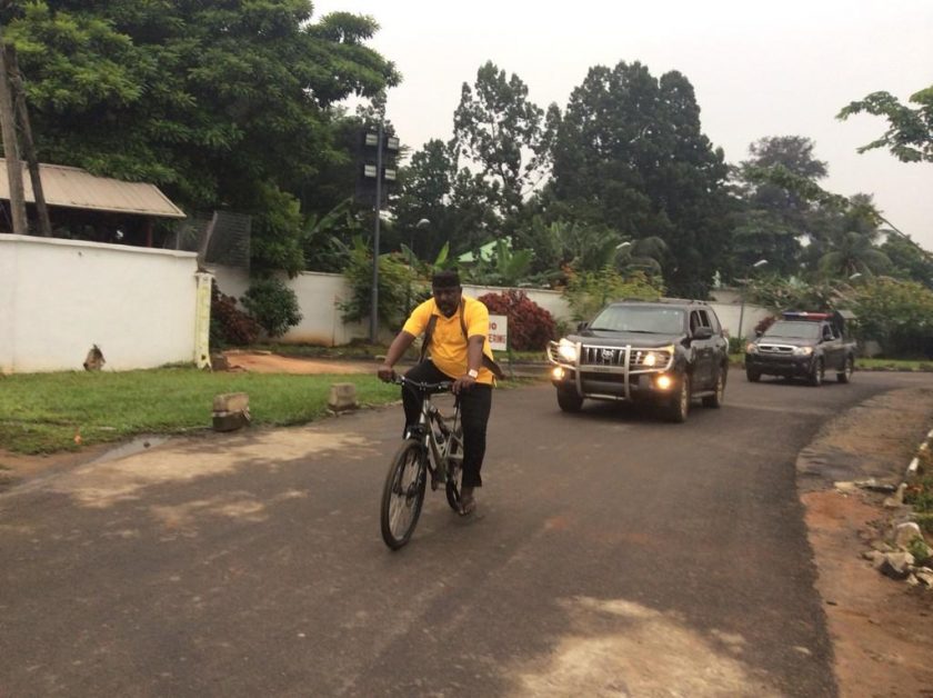 Rochas Okorocha spotted riding a bicycle
