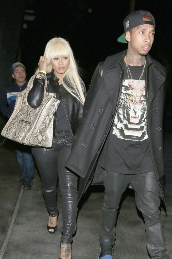 Rapper Tyga and Blac Chyna are seen leaving the Rihanna concert at Staples Center in Los Angeles