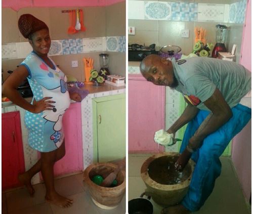 Jnr Pope helping his pregnant wife in the kitchen