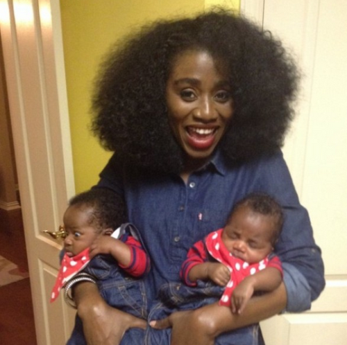 TY Bello poses with her twin boys