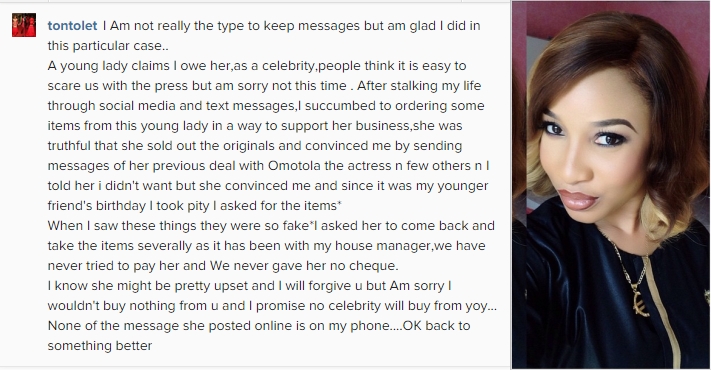 Tonto Dikeh replies lady who accused her of owing N192K