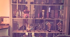Annie Idibia shows off her husband's awards and trophies