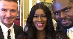 Stephanie Linus and husband with David Beckham