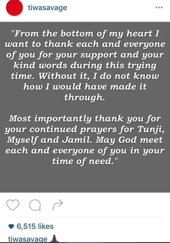 Tiwa Savage Thanks Fans And Friends For Their Support