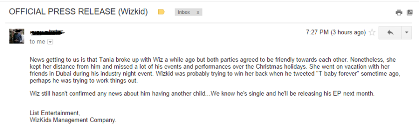 Wizkid's Management Team Releases Press Statement Regarding New Baby