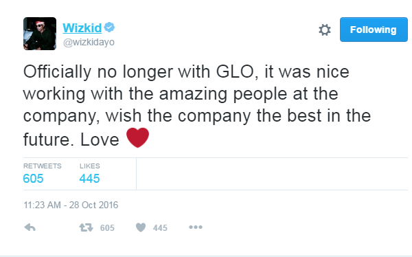 Wizkid confirms he is no longer a Glo ambassador