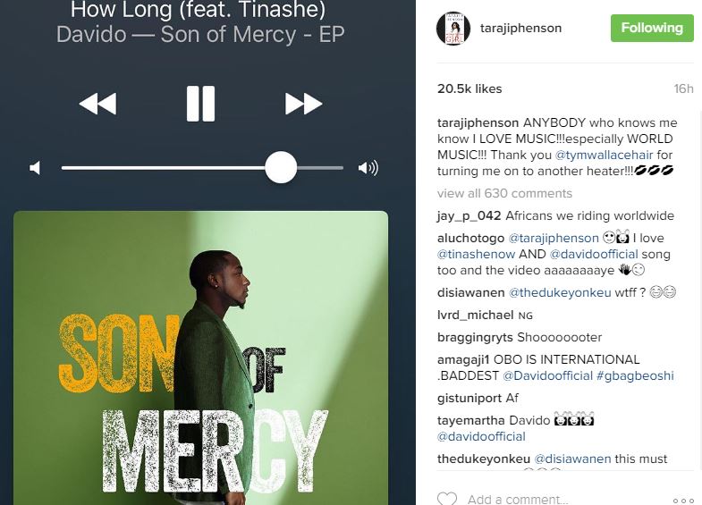 Empire Actress Taraji P. Henson Gushes Over Davido's Music (Screenshot) 4 Taraji P. Henson post about Davido