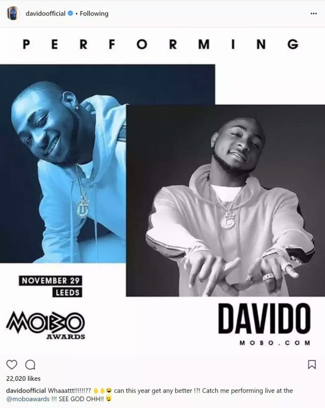 Davido Excited As He Is Booked To Perform At The 2017 MOBO Awards