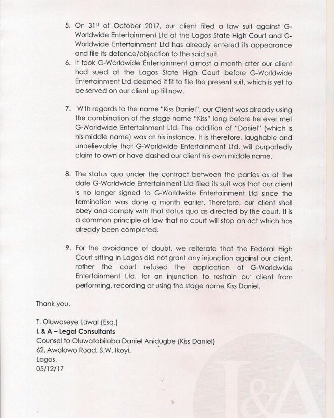 Kiss Daniel’s lawyer responds to lawsuit