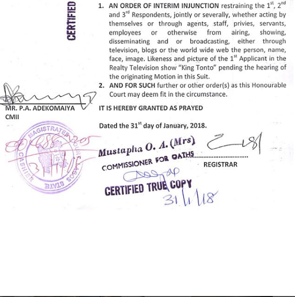 Court Issues Injunction Order, Restraining 'King Tonto' From Being Aired 6 Injunction Order NaijaVibe