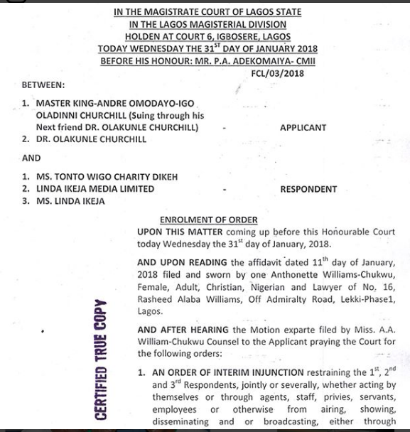 Court Issues Injunction Order, Restraining 'King Tonto' From Being Aired 5 Injunction Order