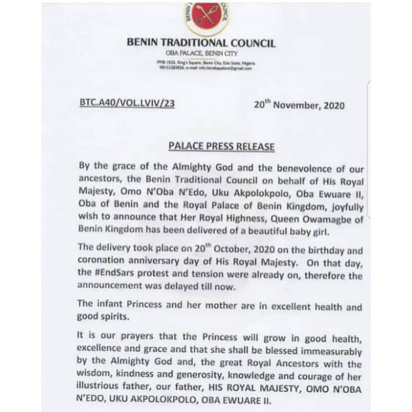 Oba of Benin, Wife Welcome Baby Girl 2 Oba of Benin