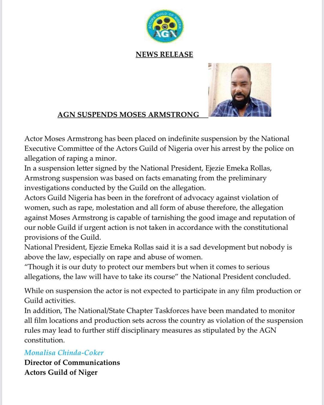 Moses Armstrong Is Banned From Acting Nollywood Movies Henceforth - AGN 2 Moses Armstrong
