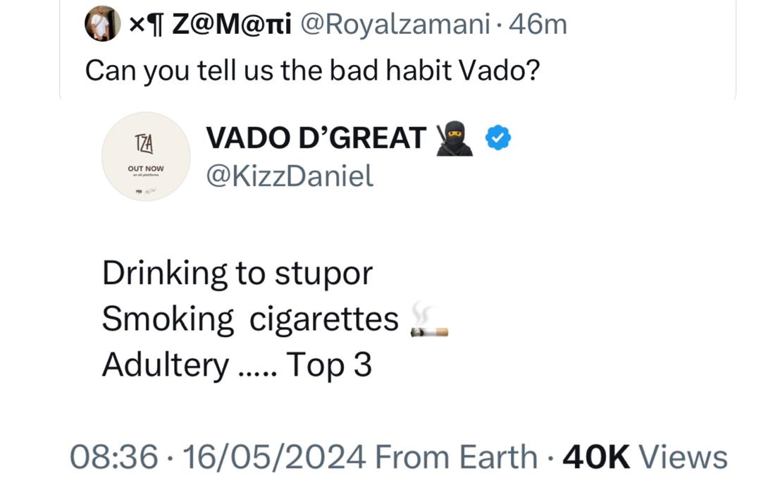 Drinking To Stupor And Smoking Cigarettes Are Some Of My Bad Habits - Kizz Daniel 2 Kizz Daniel