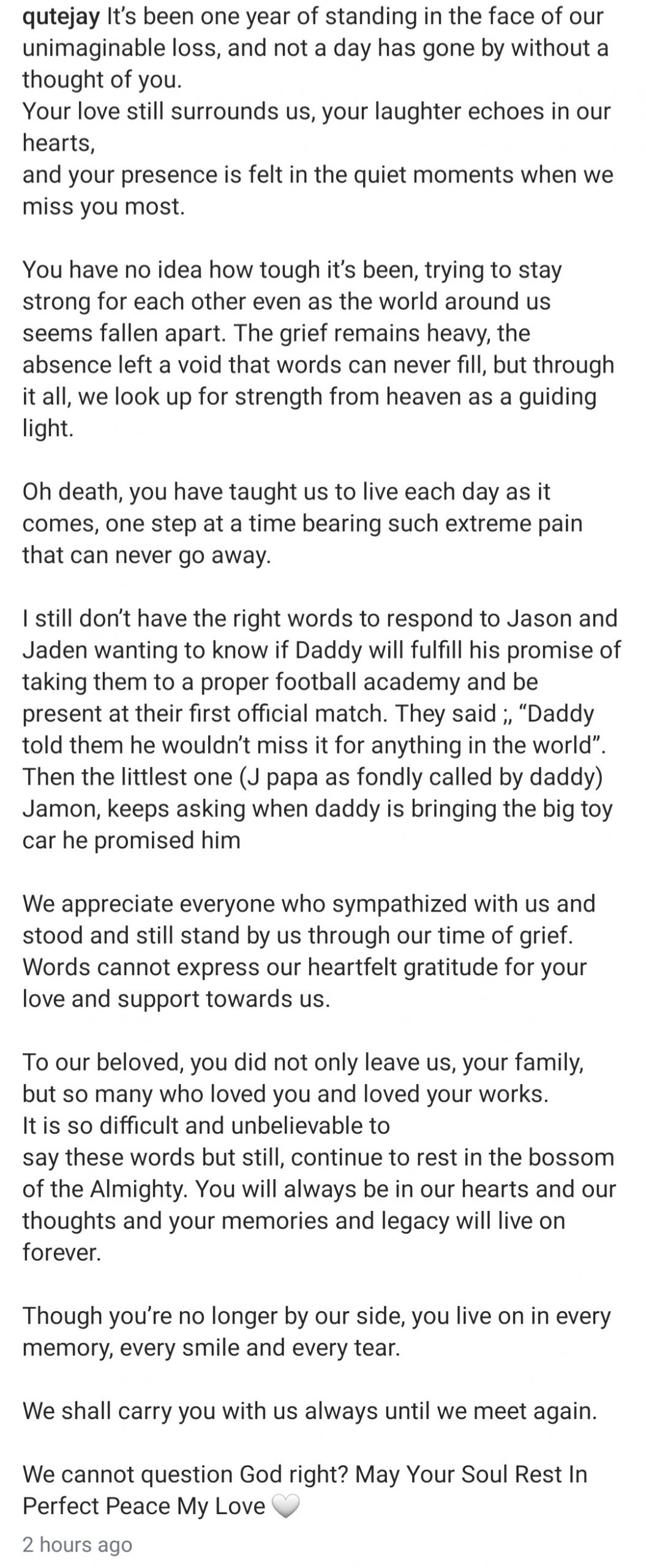 Junior Pope's Absence Has Left A Void Words Will Never Fill – Wife 2 Jennifer Odonwodo